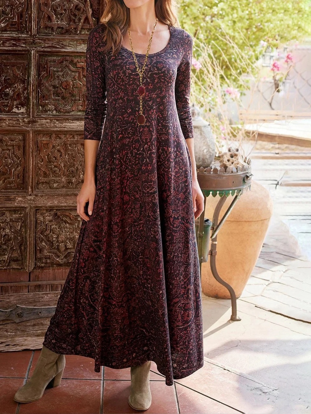Soft Surroundings 3/4 Sleeve Jersey Knit Maxi Dress Size 3X Burgundy Red Brown